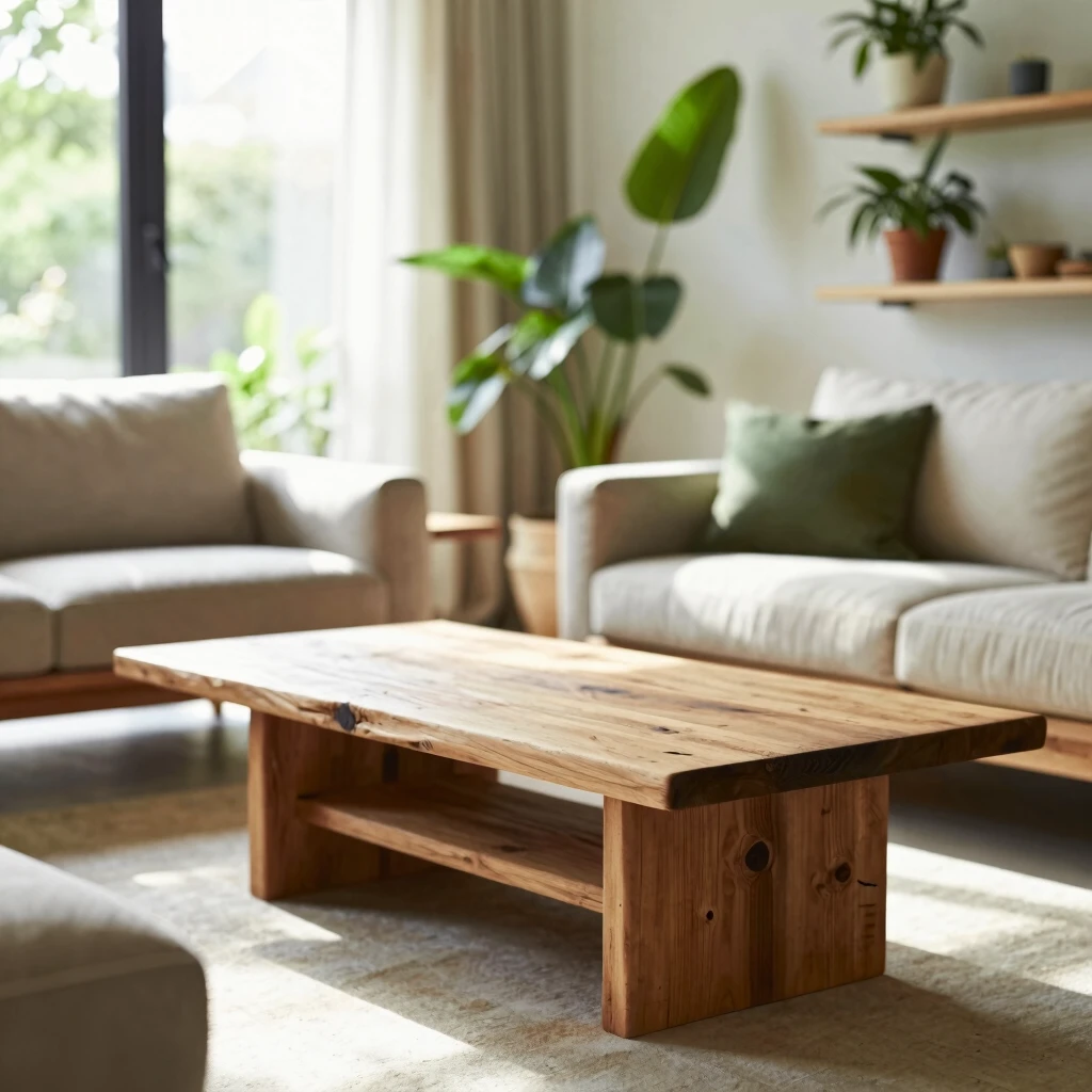 Cozy living room featuring sustainable wooden and fabric furniture bathed in natural light