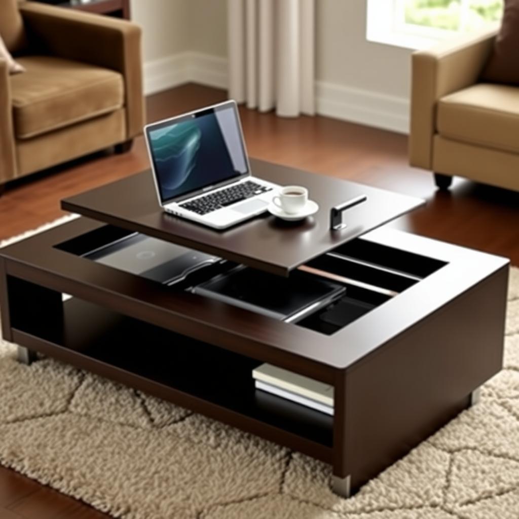 A lift-top coffee table doubling as a workspace in a small living room.