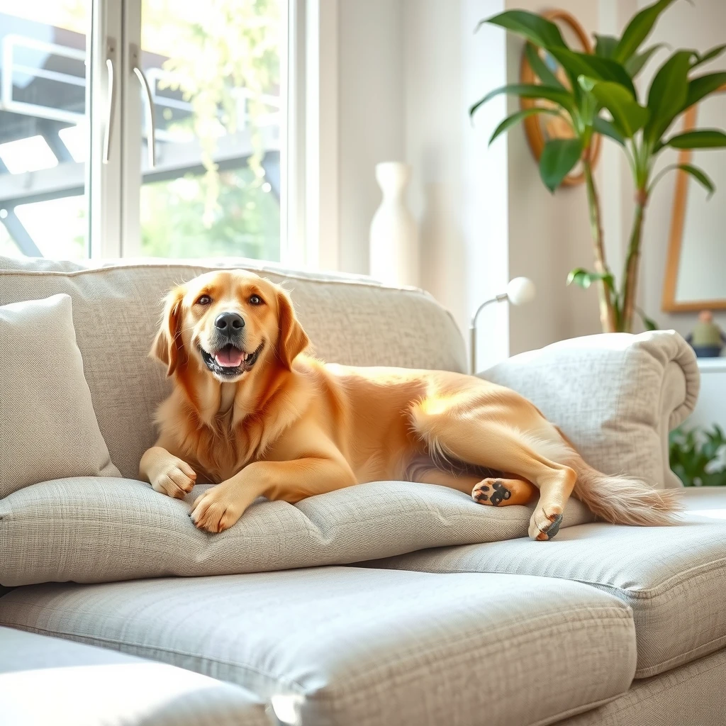 Golden retriever relaxing on a clean sofa