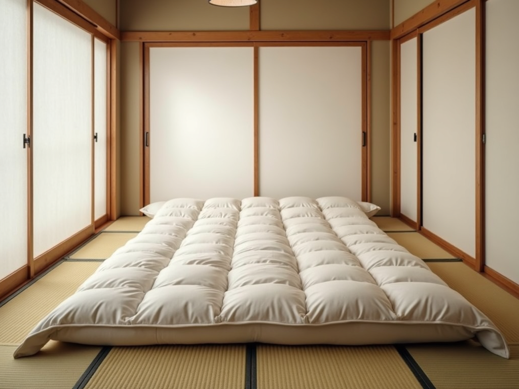 A traditional Japanese futon, showcasing its historical roots and simplicity.