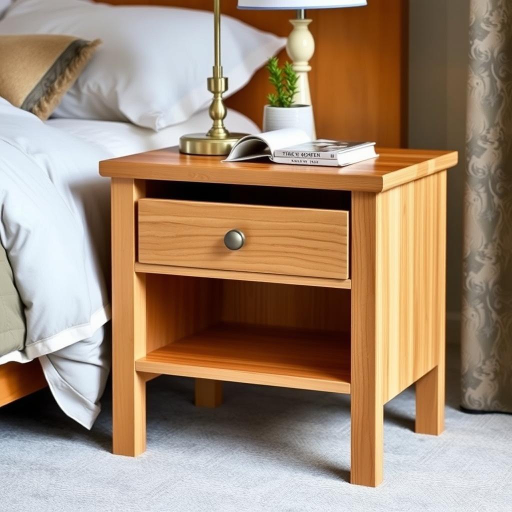 A finished wooden nightstand with a lamp, plant, and book in a cozy bedroom setting.