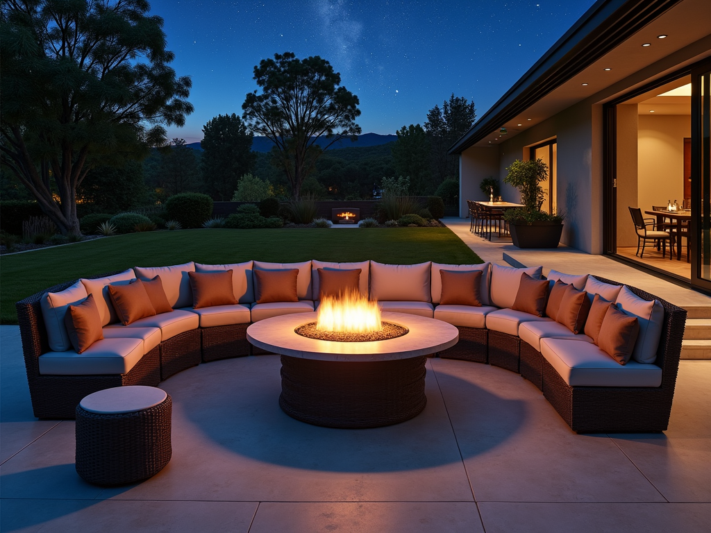 A fire pit table on a patio, surrounded by cozy seating under the stars.