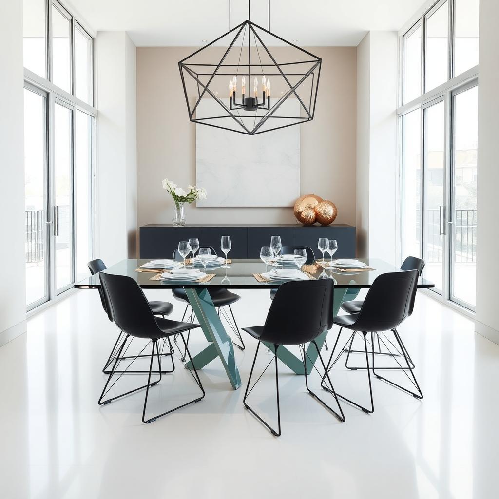 Modern dining room with a glass table set for six, featuring black metal chairs and a geometric chandelier.