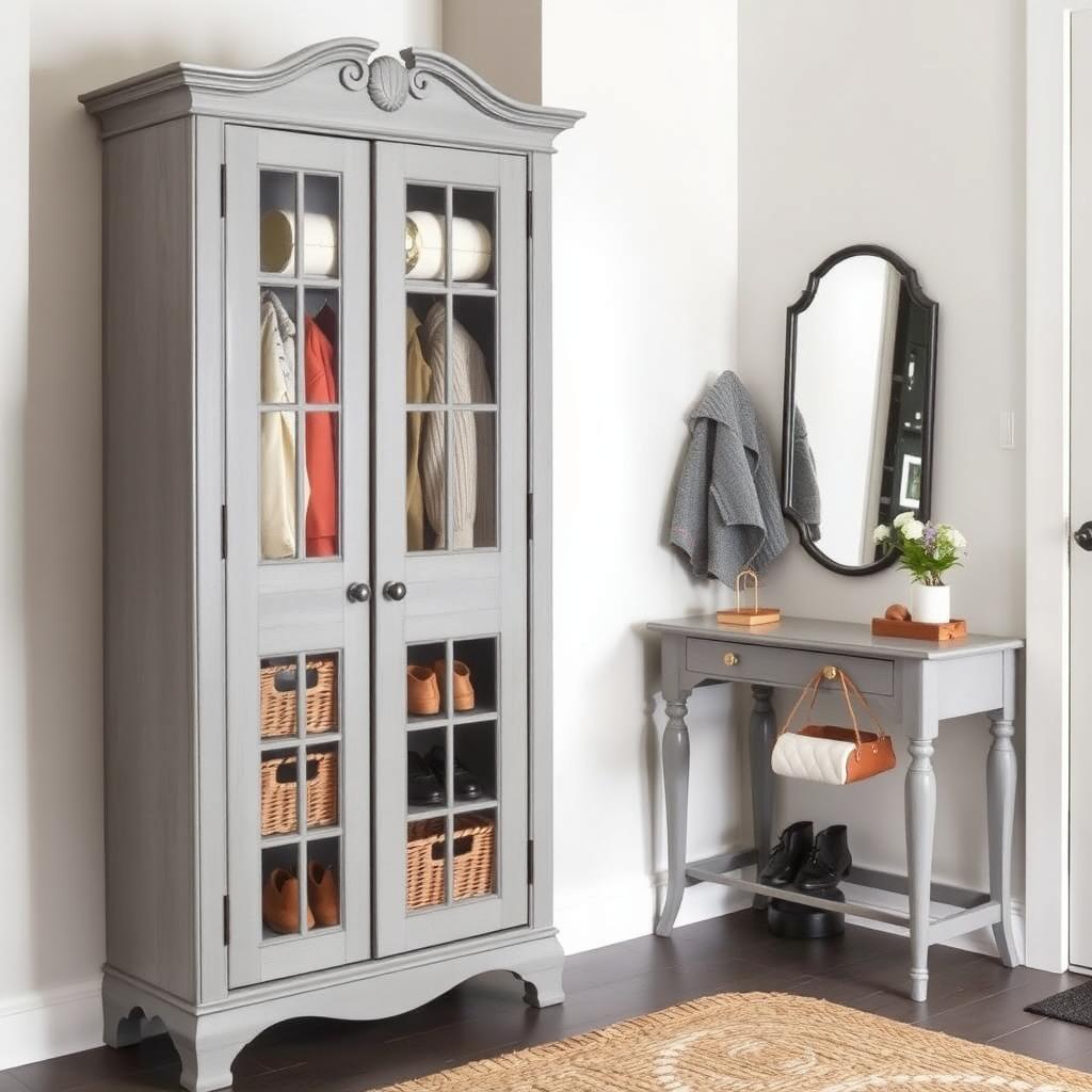 Vintage gray armoire with glass doors in a compact entryway