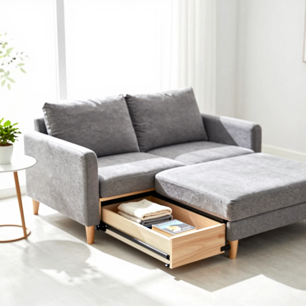 Cozy small living room with multi-functional sofa bed and storage
