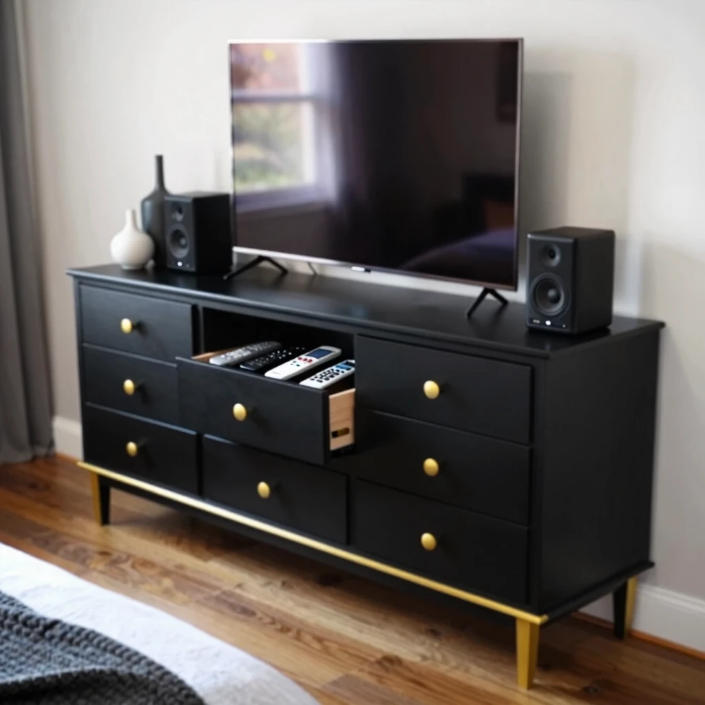 Upcycled dresser as a sleek media console in a bedroom setup