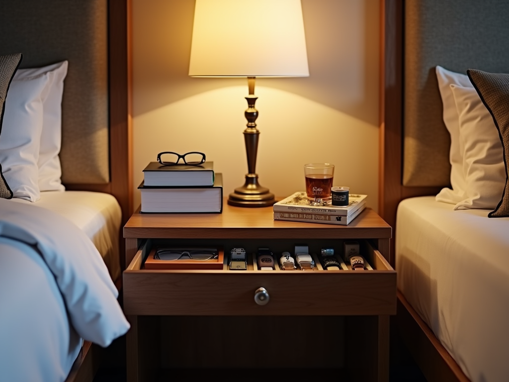 A neatly organized nightstand with essential items.
