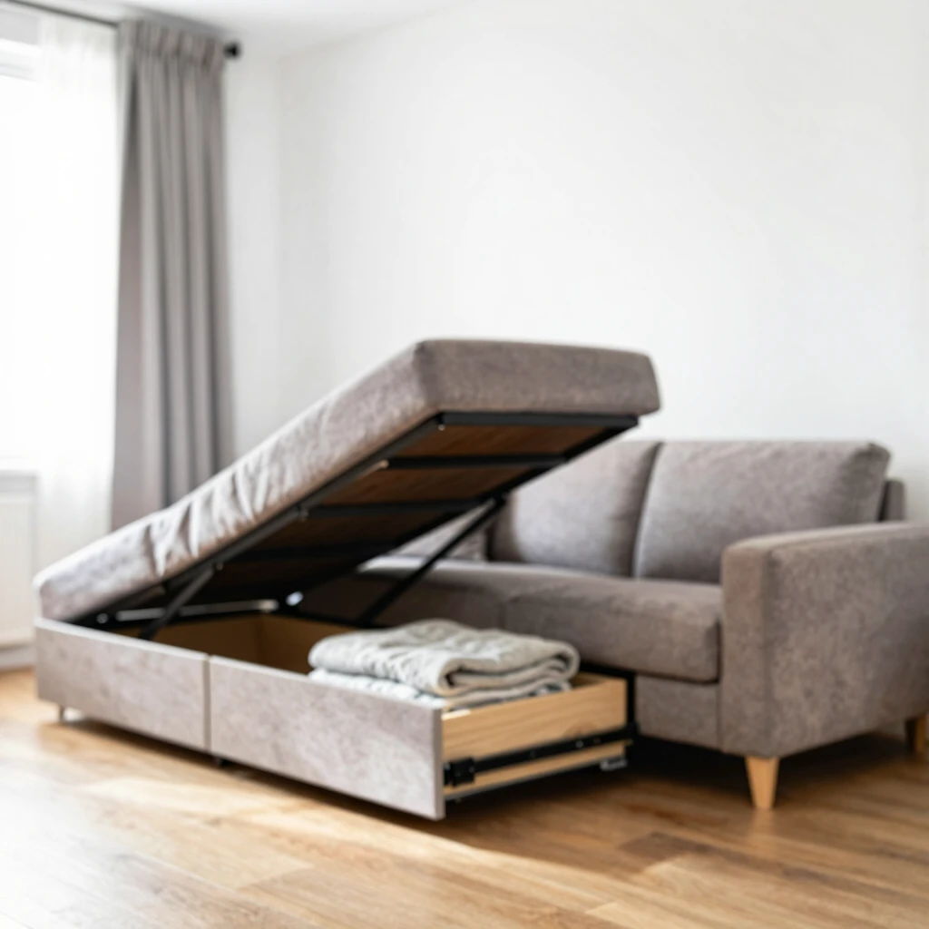 Sectional sofa bed in a small apartment with storage drawers