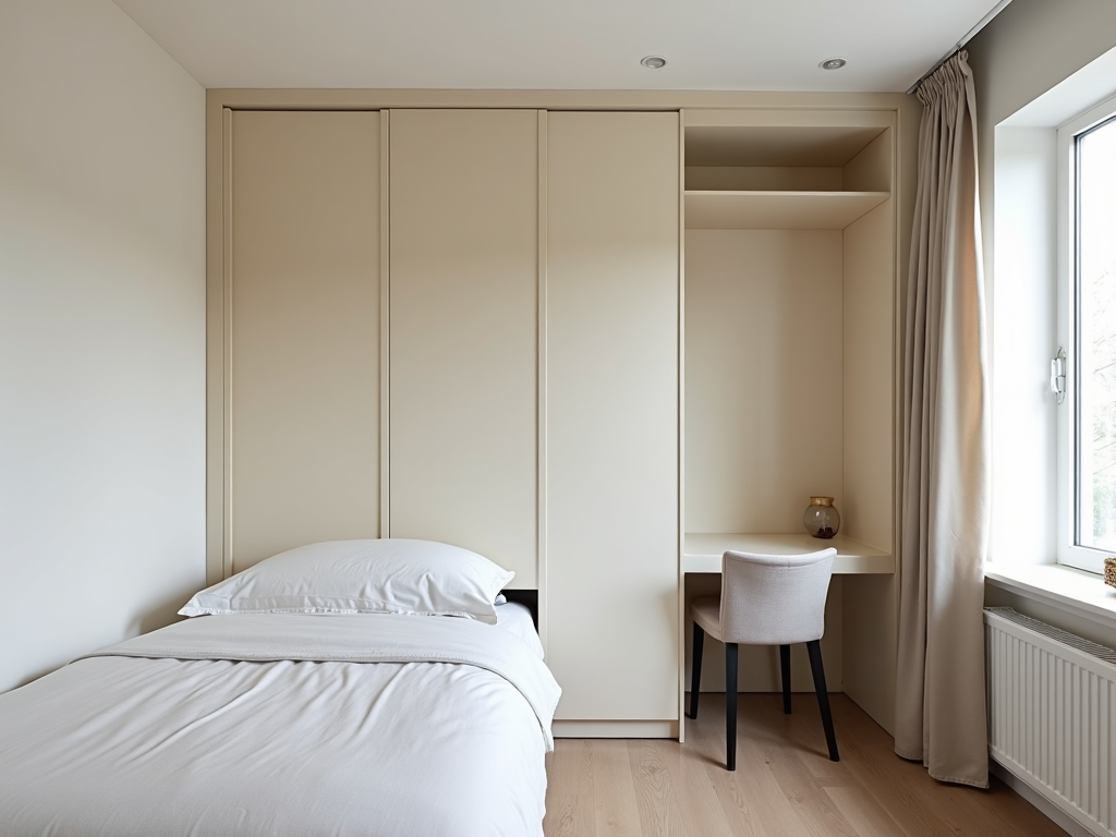 A minimalist bedroom with a Murphy bed folded up, exposing a desk and chair, highlighting the space-saving power of multi-functional furniture.