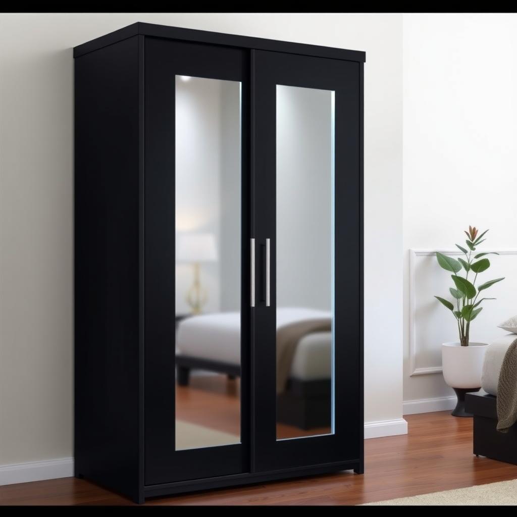 Sleek black modern armoire in a minimalist bedroom with glass doors and LED lighting.