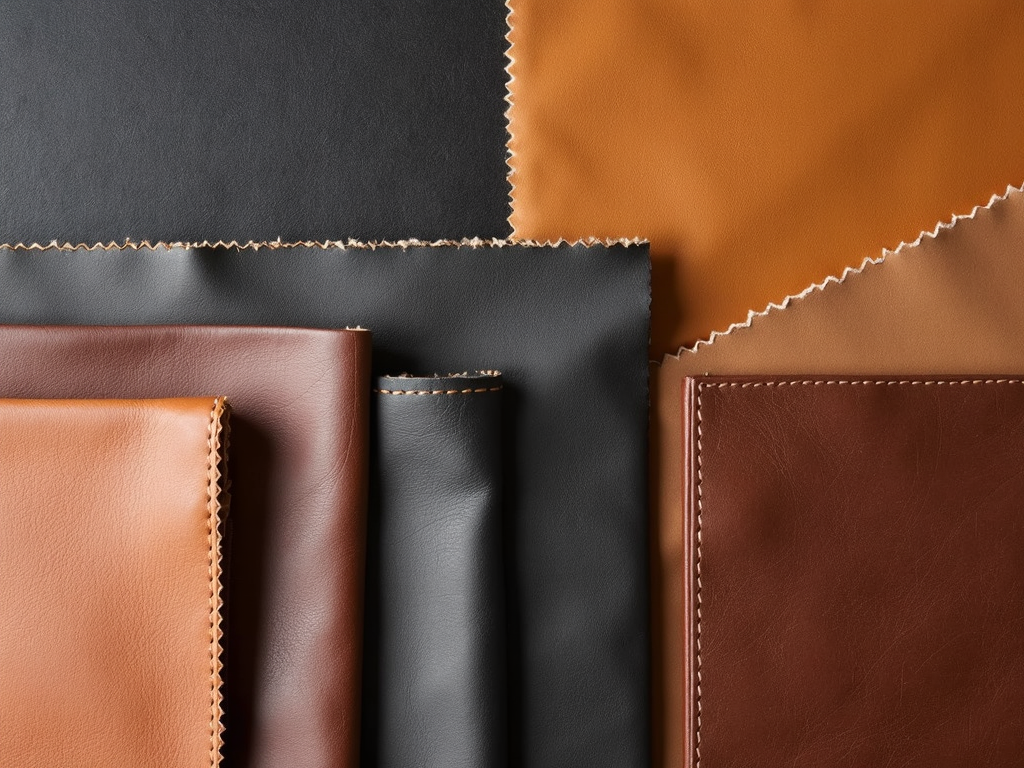 A flat lay of high-quality leather swatches from popular brands showcased on a wooden table.