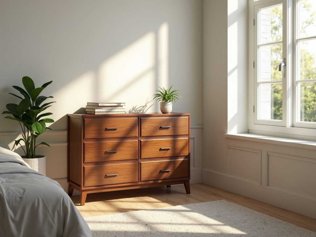 Six-drawer dresser in a bright, organized bedroom