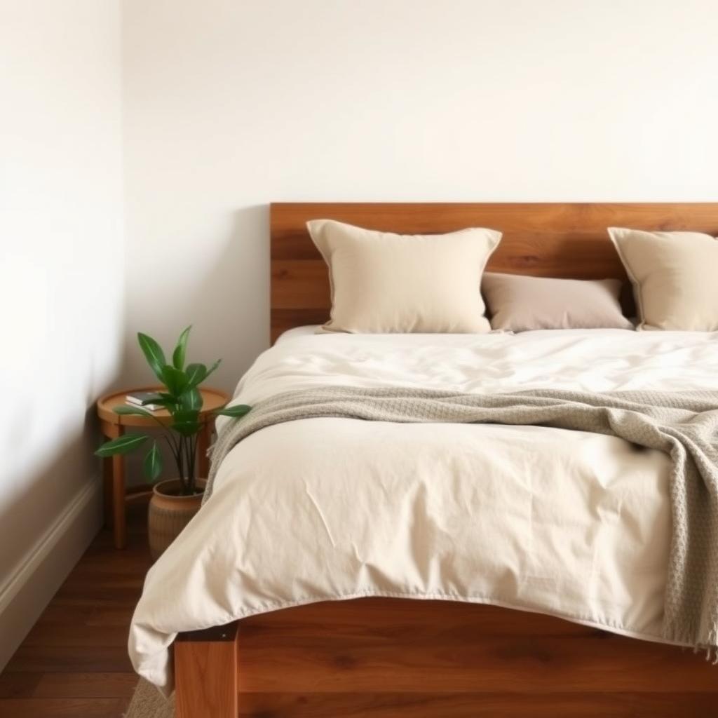 Serene bedroom with eco-friendly reclaimed wood bed, organic cotton bedding, and bamboo nightstand.