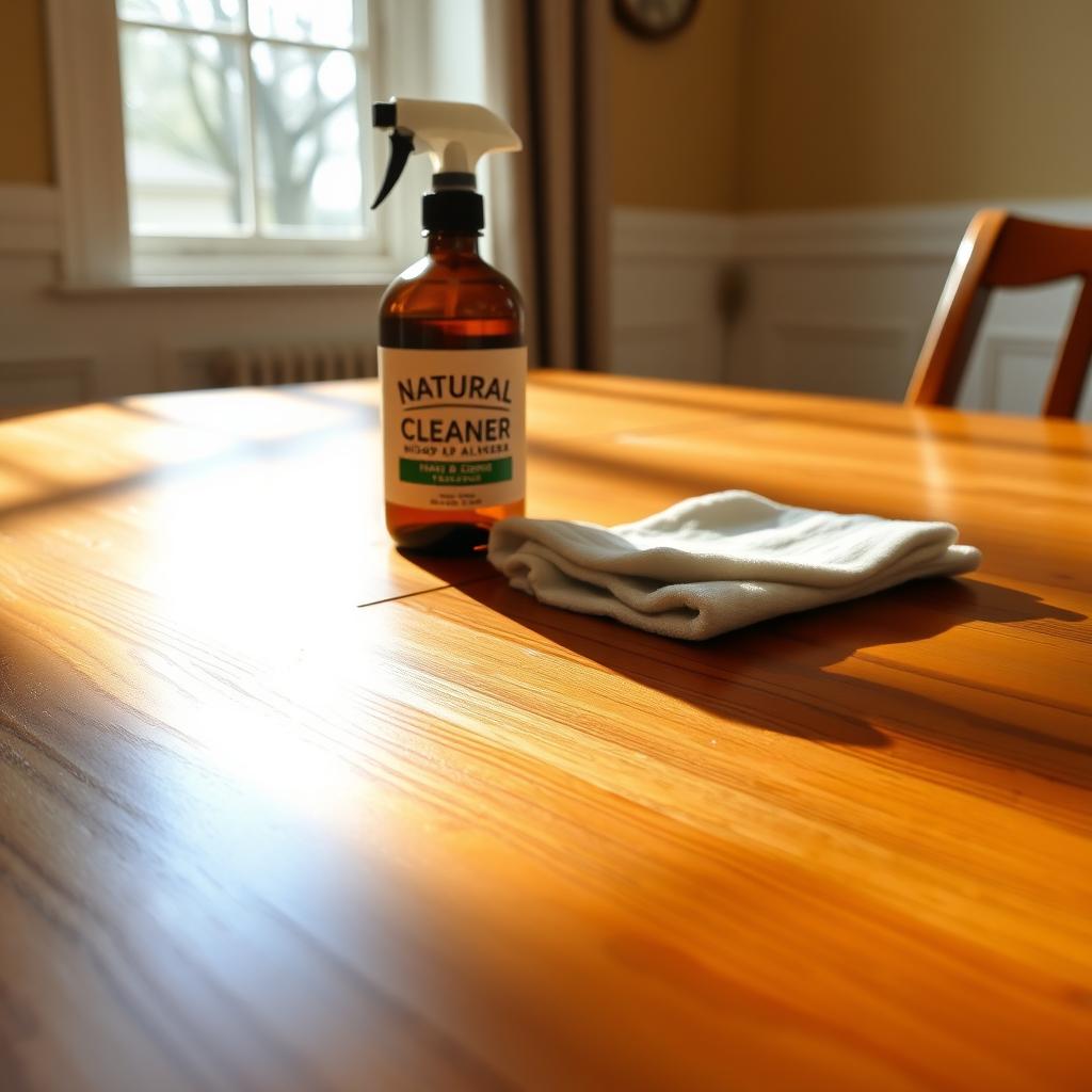 Polished wooden dining table with a cloth and natural wood cleaner, bathed in sunlight.