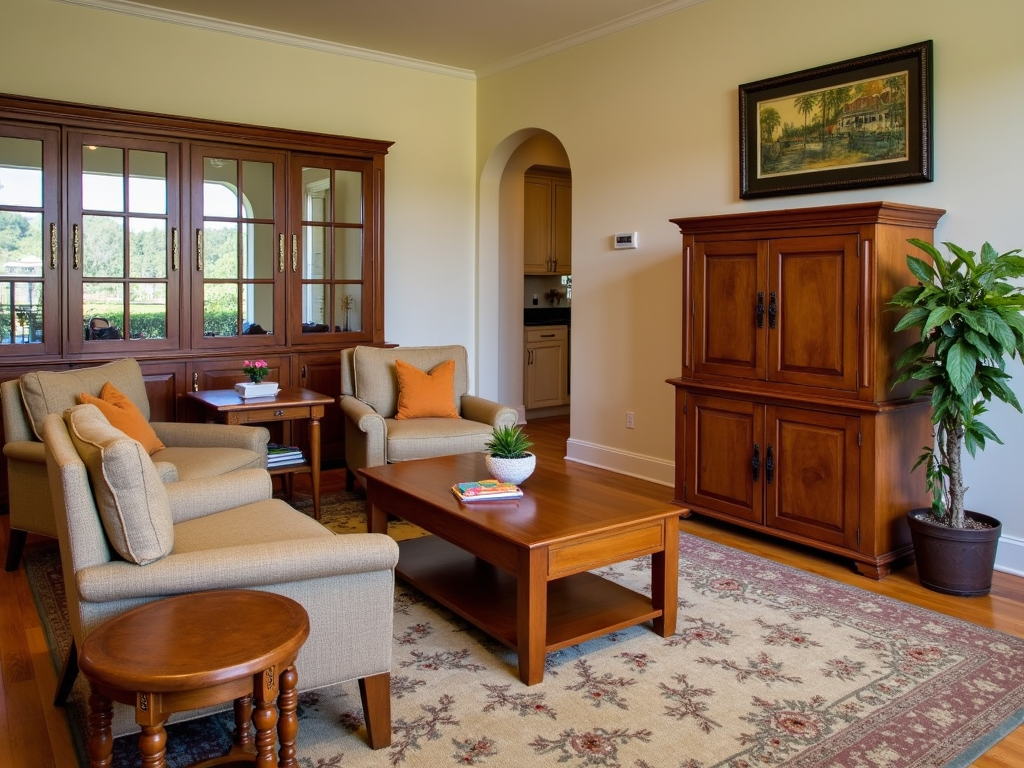 A well-cared-for wooden furniture setup in a cozy living room.