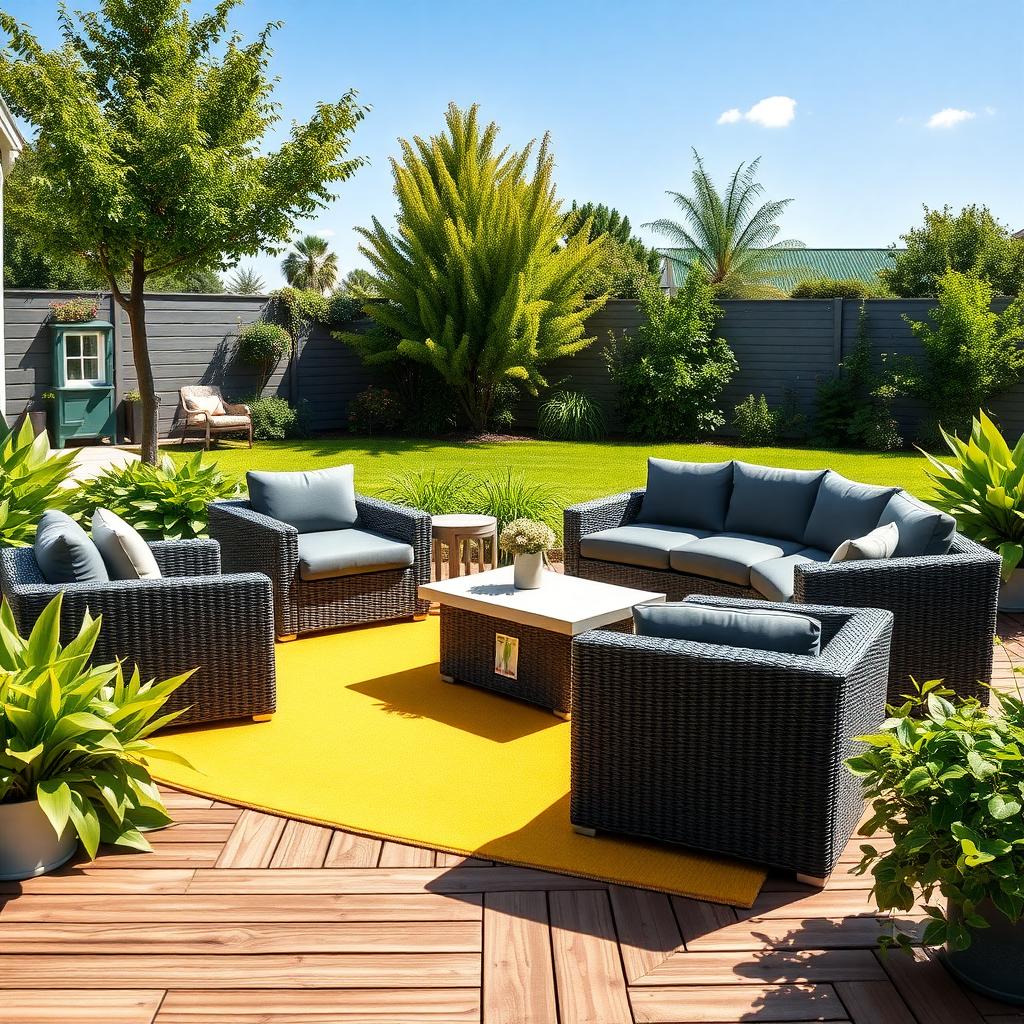 Modern modular patio sofa set with concrete coffee table on a sunny wooden deck
