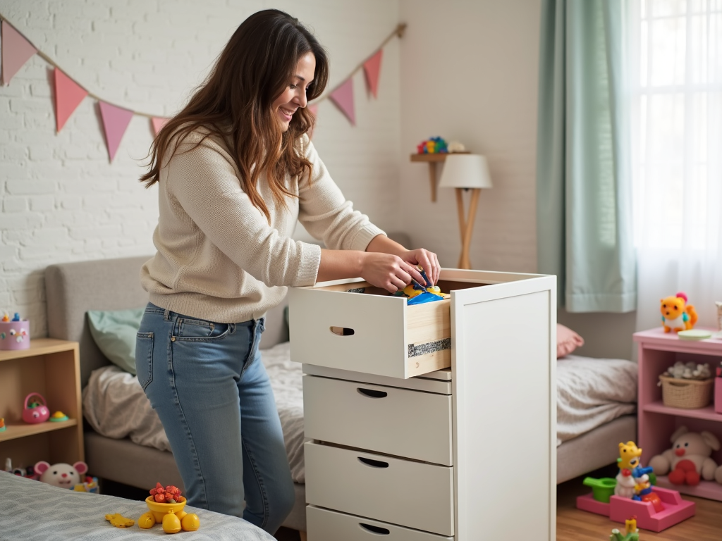A parent securing a dresser with straps in a kids’ room.
