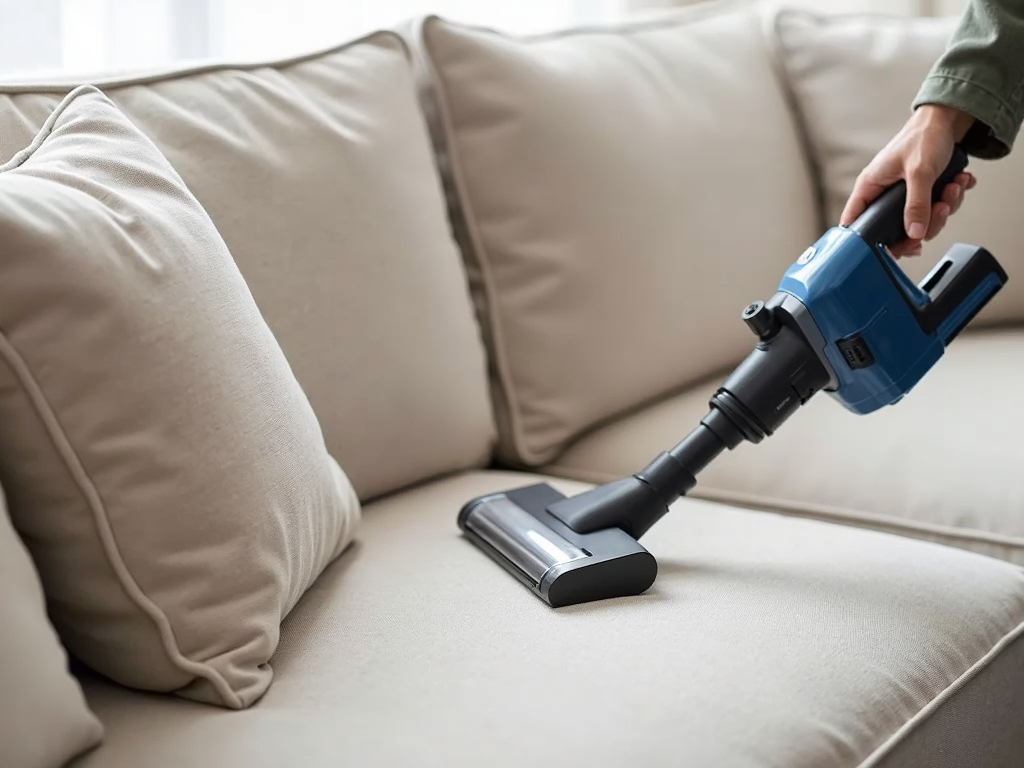 Person cleaning a fabric sofa with a vacuum cleaner