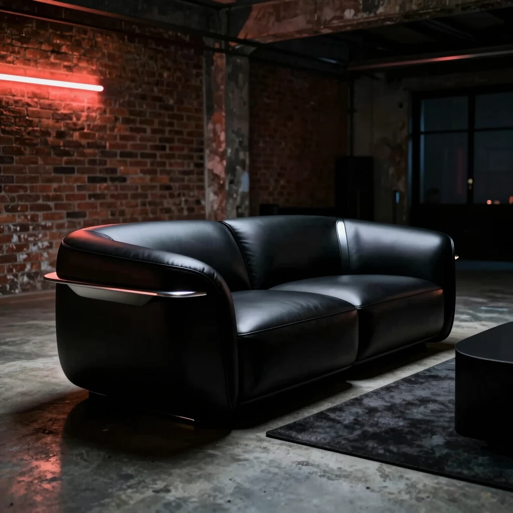 Asymmetrical black sofa in an edgy industrial loft