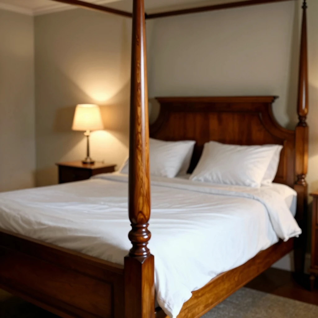 Antique wooden bed frame in a serene bedroom