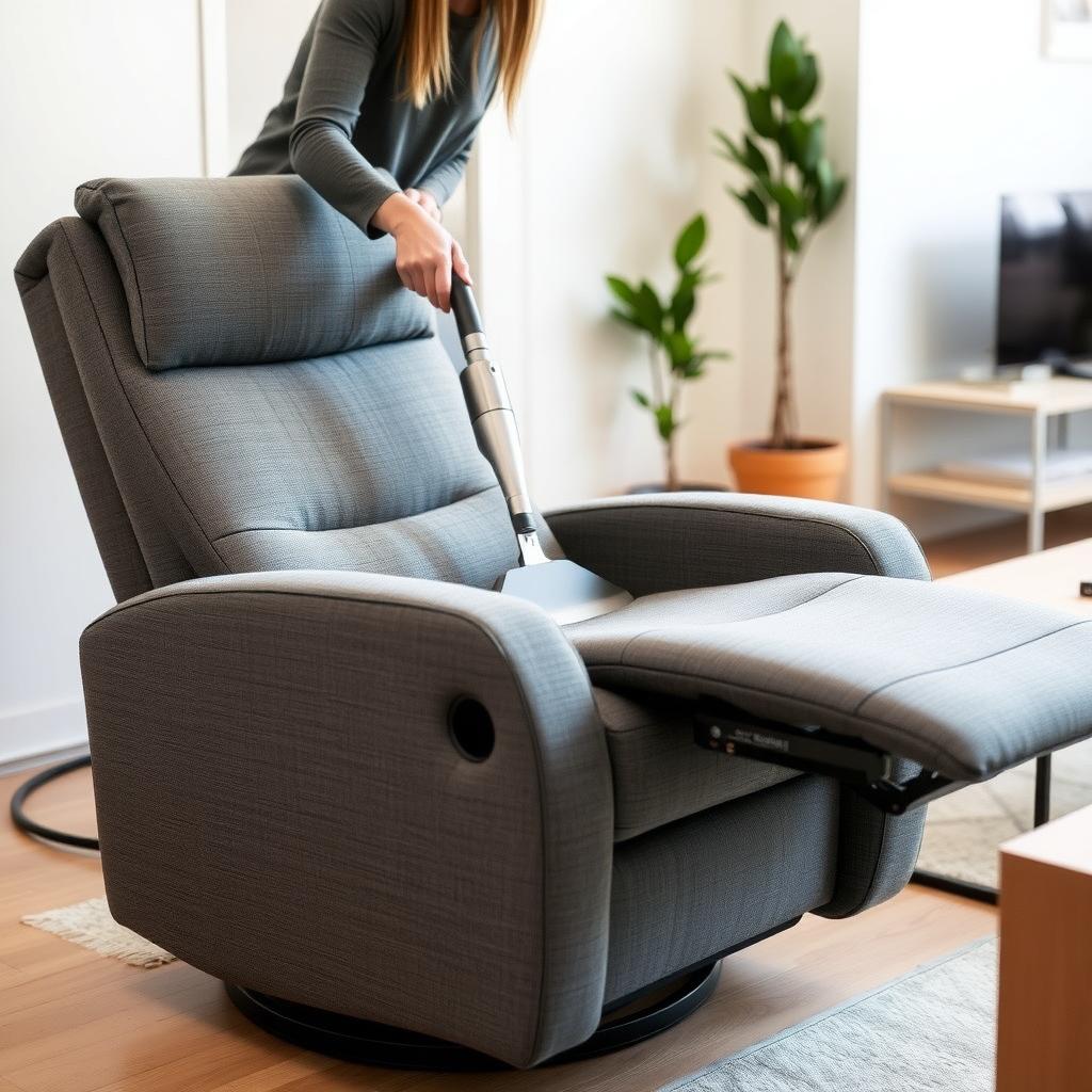 Person vacuuming a gray fabric recliner in a small, cozy apartment living room.