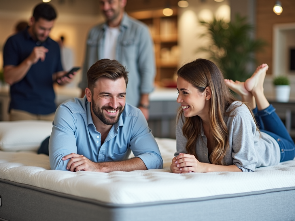 Couple trying out a mattress in a showroom