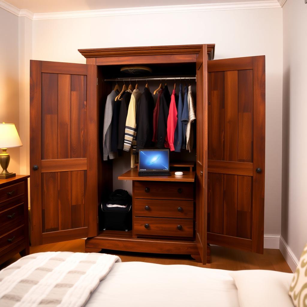Rustic wooden armoire with pull-out desk in a cozy bedroom