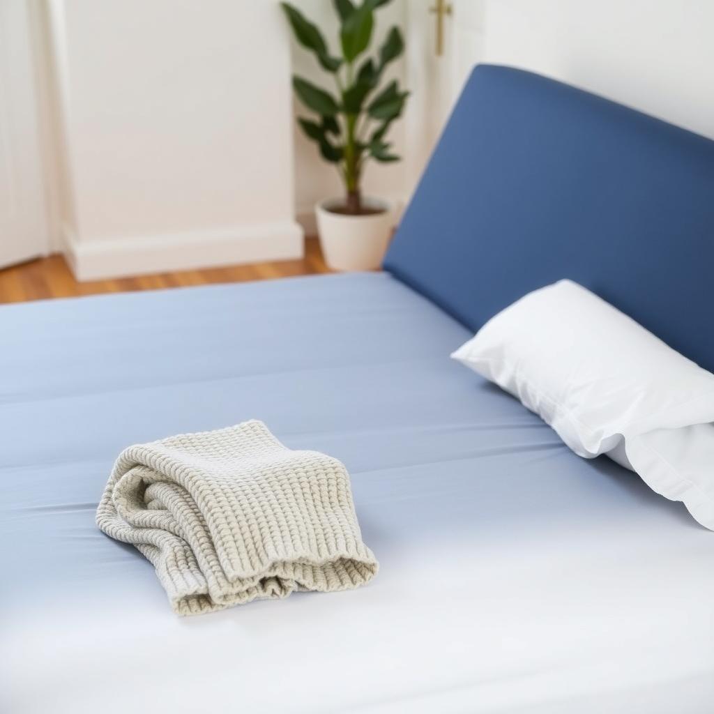 Futon with a washable navy blue cover unfolded as a bed in a small bedroom