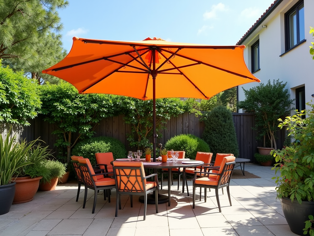 Patio with colorful umbrella for shade