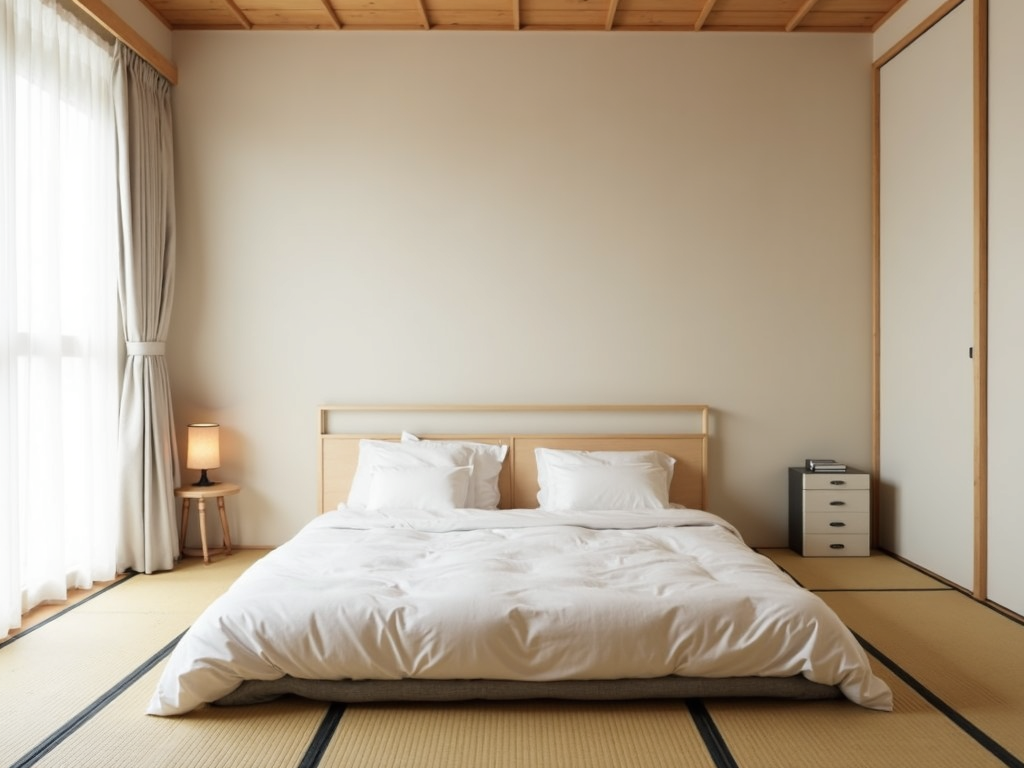 A traditional Japanese futon laid out on a tatami mat.