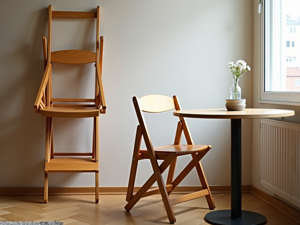 A foldable wooden chair in a small apartment setting, showcasing its use and storage.