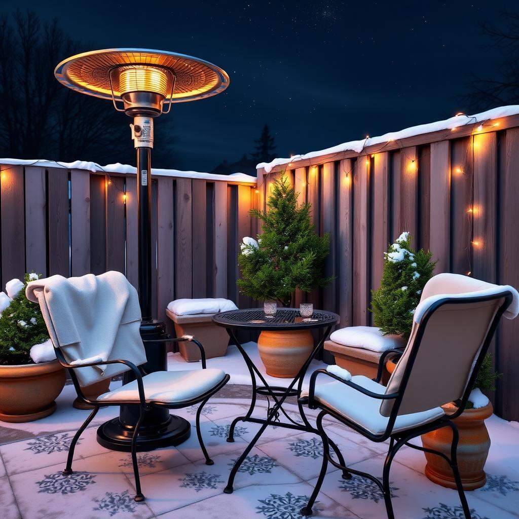 Winter patio with metal bistro set, portable heater, evergreen plants, and fairy lights.