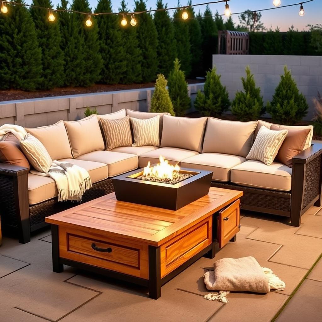 Cozy patio with modular furniture, fire pit, and string lights