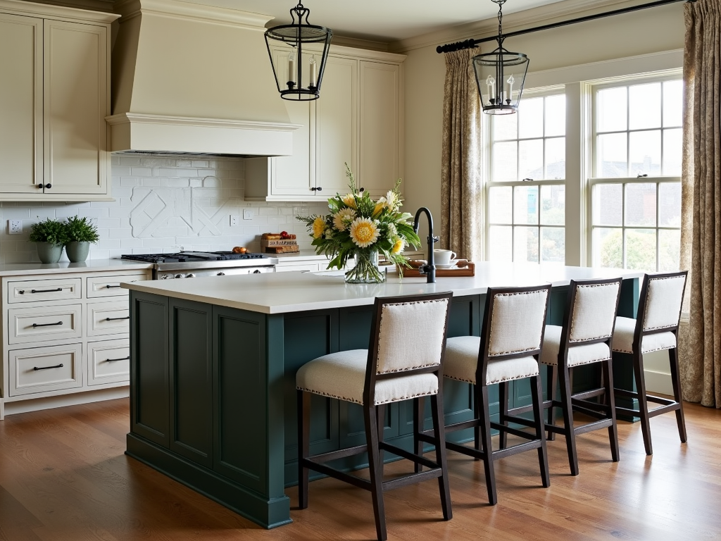 Kitchen island with bar stools that match the room's textile theme.
