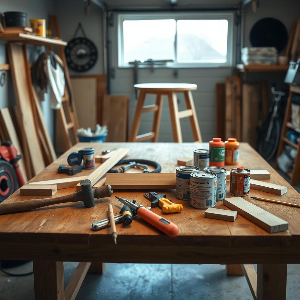 Beginner's DIY workspace with essential tools and a project in progress