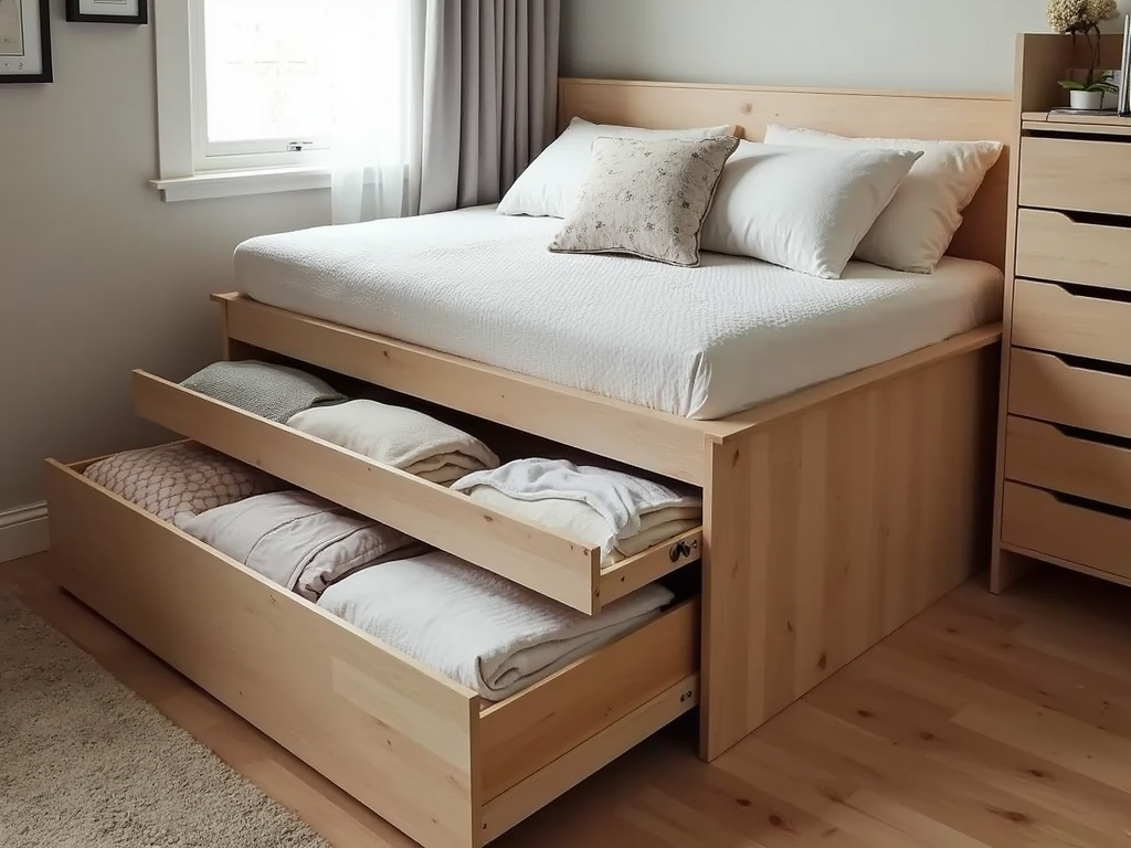 Small bedroom with storage bed and organized dresser