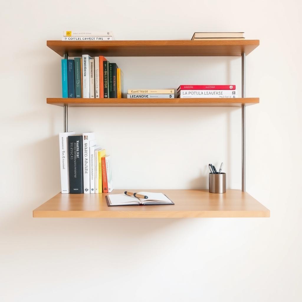 Wall-mounted desk and shelves in a small home office.