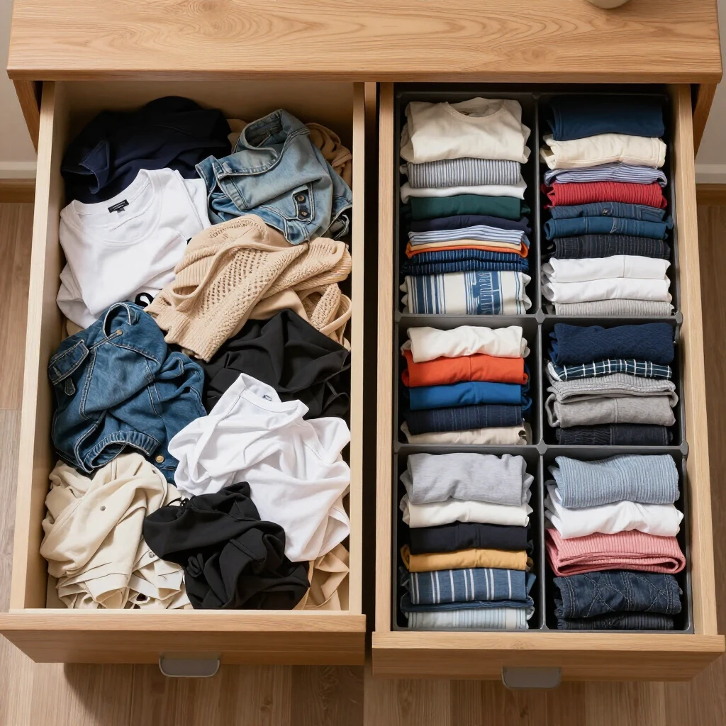 Before and after of a cluttered vs. organized dresser drawer