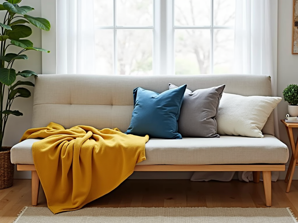 Futon sofa bed styled with throw blanket and pillows