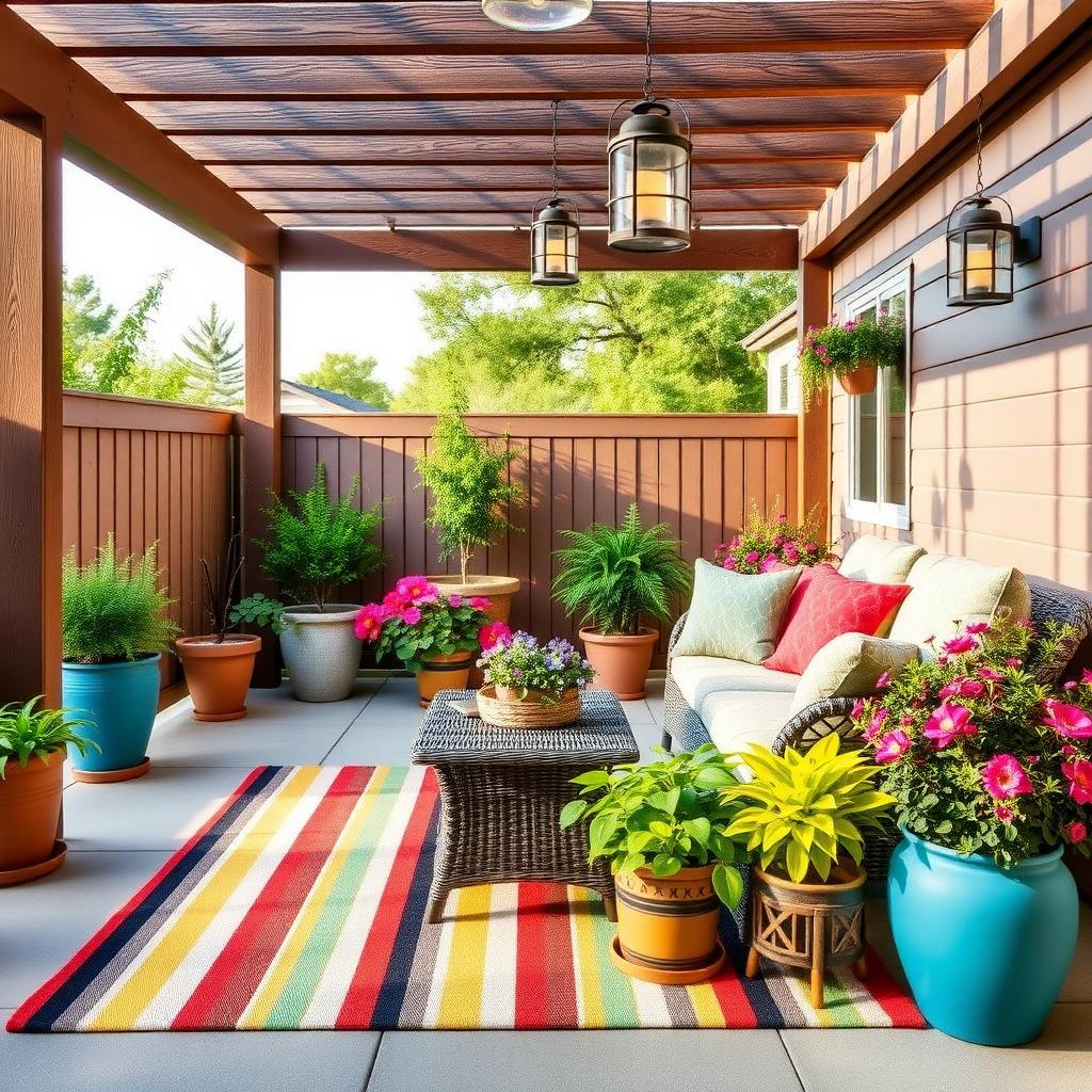 Vibrant patio with a striped rug, wicker coffee table, solar-powered lanterns on a pergola, and colorful plants around a cushioned loveseat.