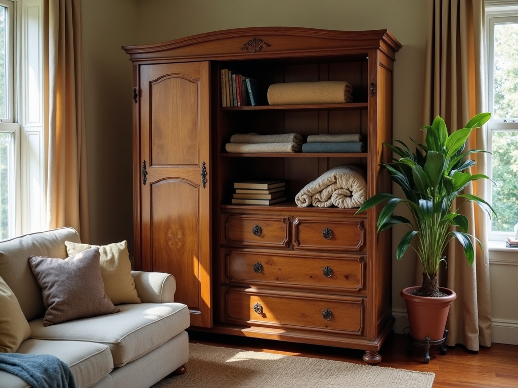A modern armoire in a compact bedroom, highlighting its smart storage and simple decor.