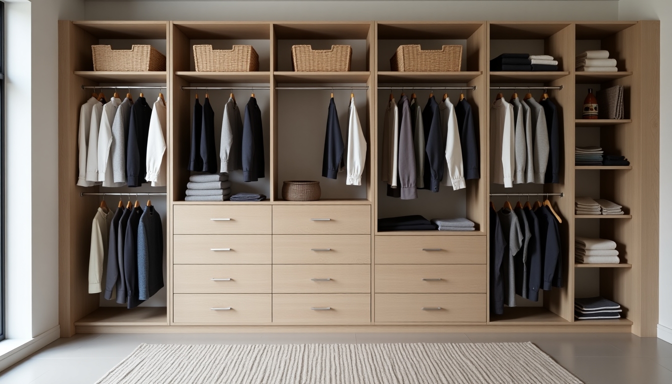 Inside view of a functional wardrobe with various storage options.