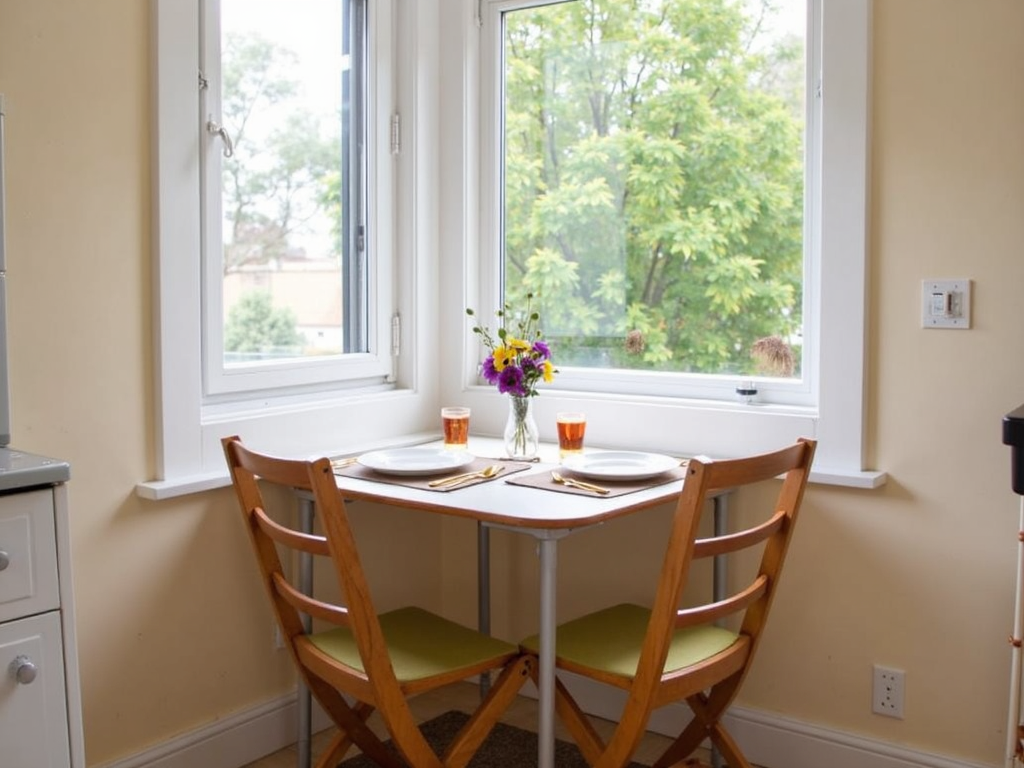A foldable table used for dining in a compact kitchen.