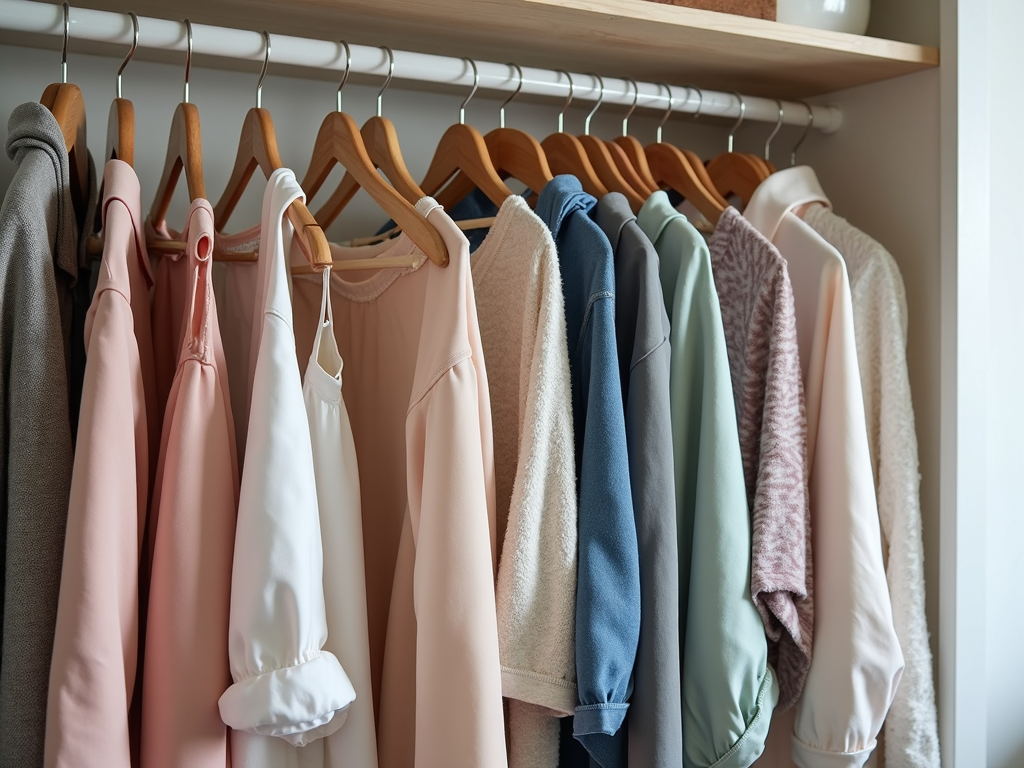 A neatly organized closet with clothes hanging on cascading hangers and shoes stored on a rack.