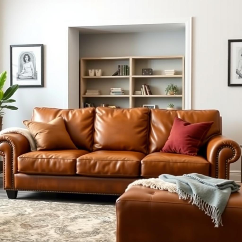 A luxurious leather sofa in a living room.
