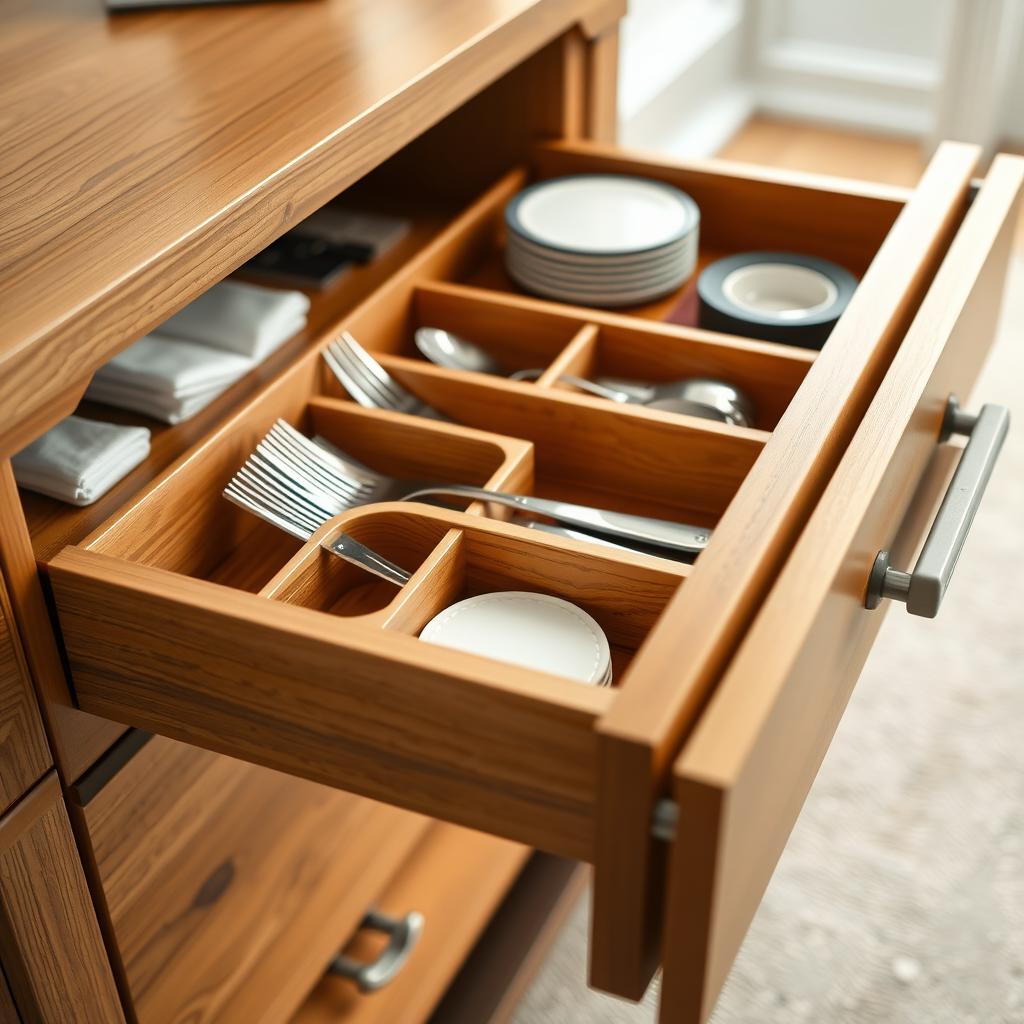 Open sideboard drawer with organized silverware, napkins, and coasters in dividers