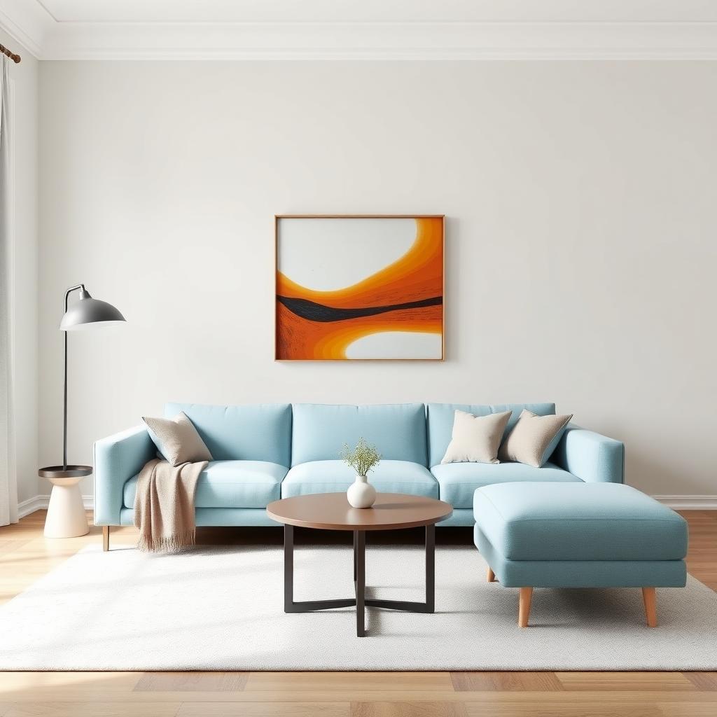 A minimalist small living room with a sofa, table, and art, decorated on a budget.