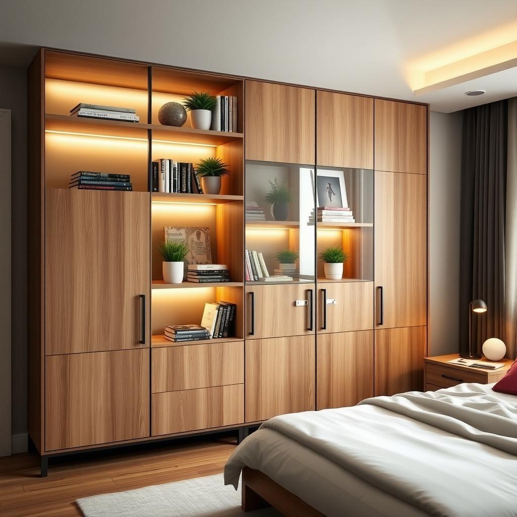Bedroom with a modular armoire, open shelves with books and plants, closed cabinets, and a minimalist bed.