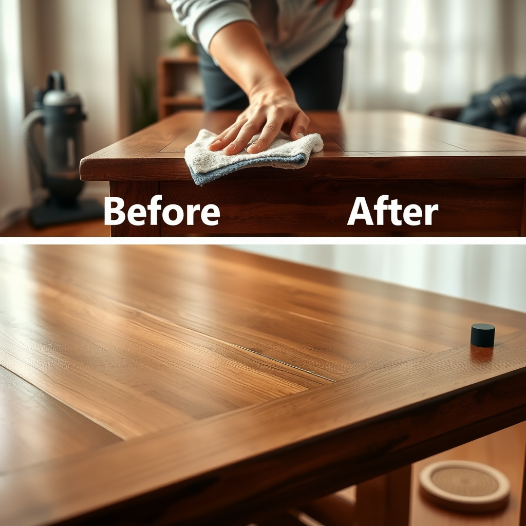 Furniture care and maintenance in action on a wooden table