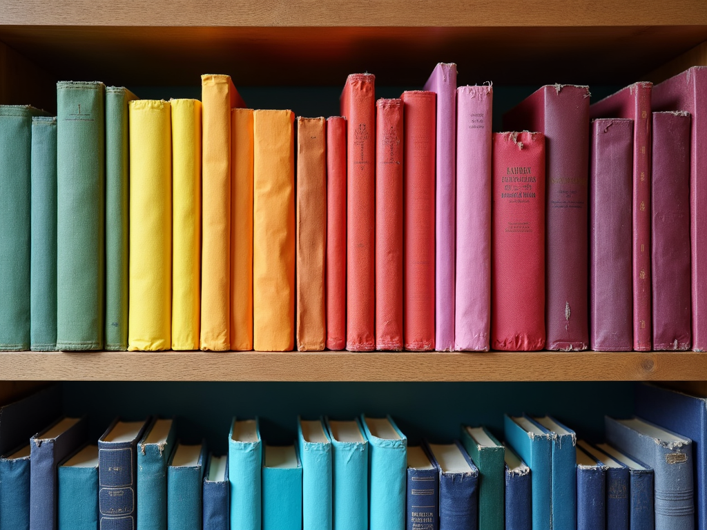 Bookshelf with books arranged by color, creating a rainbow effect.